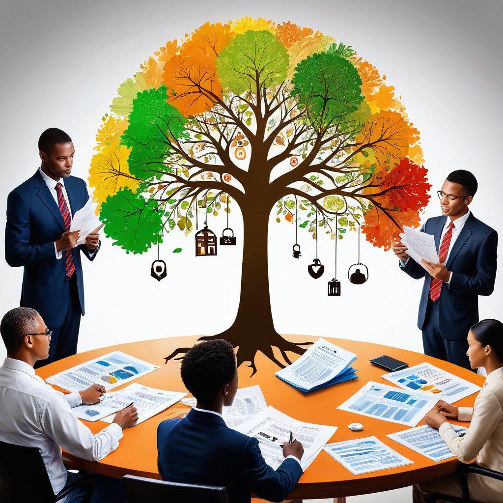 A visually engaging scene of a diverse group of people examining various insurance policy documents at a round table, surrounded by symbols of financial security like a sturdy lock, a shield, and a growing tree representing wealth. Soft, warm lighting casts a welcoming atmosphere, while infographics of coverage types float in the background. super-realistic. vibrant colors. white background.