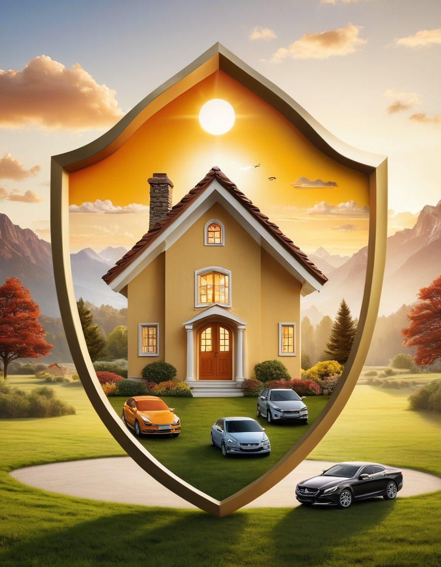 A visually striking representation of a shield made up of various insurance symbols such as a house, a car, and a medical cross, symbolizing protection and security. In the background, a serene landscape with a rising sun, implying a bright, secure financial future. Incorporate vibrant colors to evoke a sense of optimism and safety. super-realistic. vibrant colors. white background.